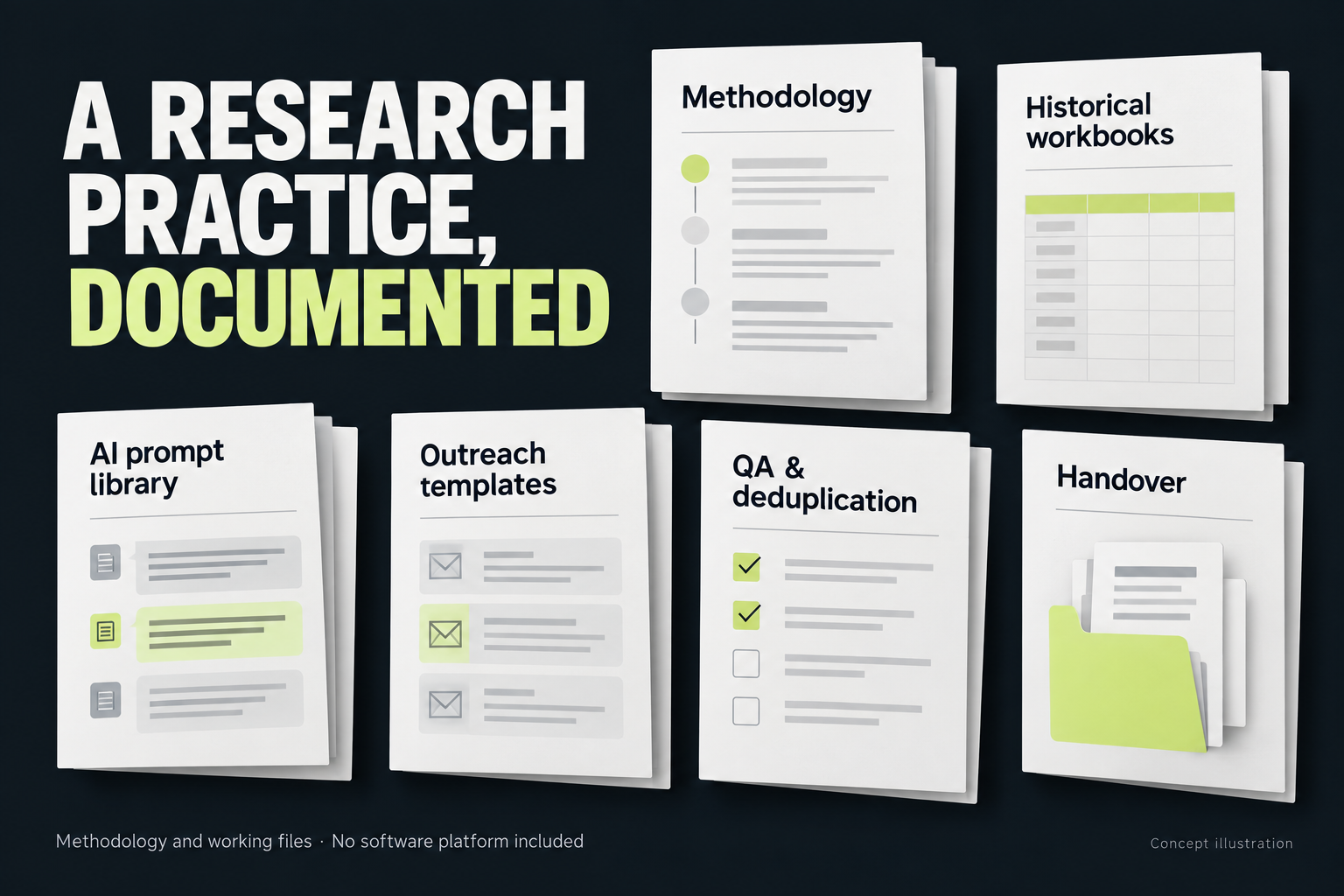 Concept illustration of methodology, historical workbooks, AI prompts, outreach templates, QA and handover documents